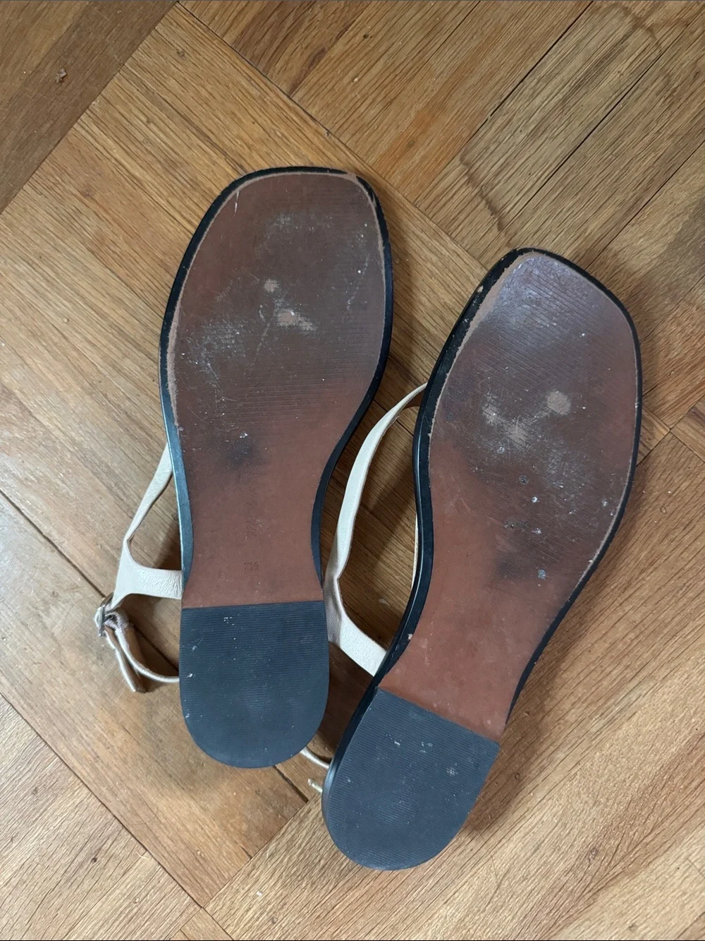 Madewell Cream T-Strap Sandals with Black Trim